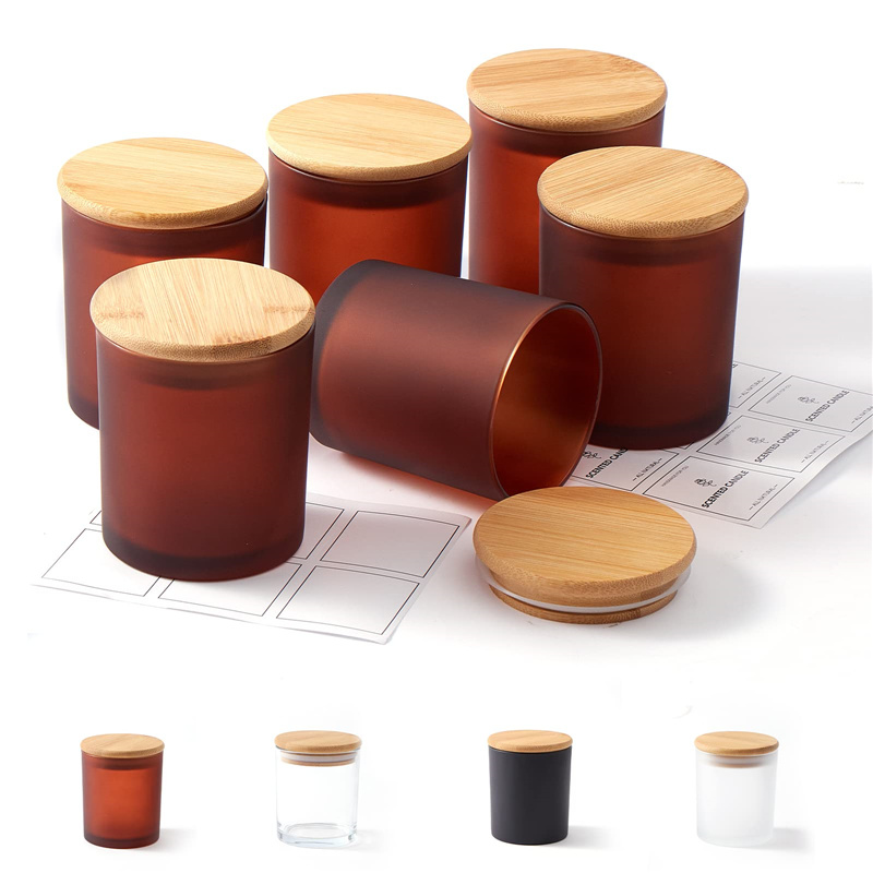 Black transparent with wooden cover scented candle glass cup clear frosted decoration for scented candle (1)