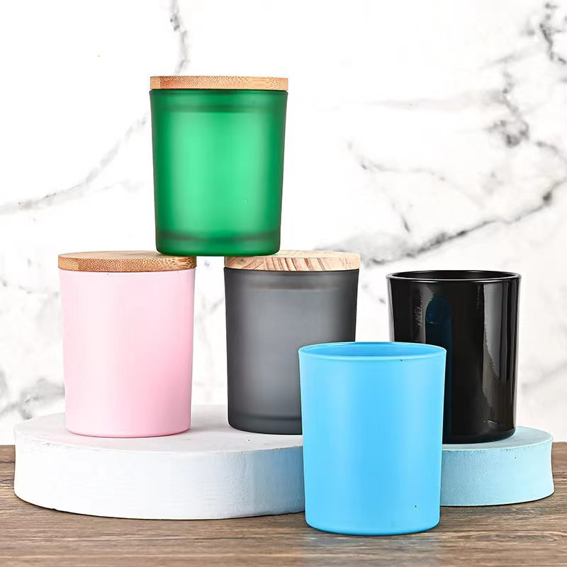 Black transparent with wooden cover scented candle glass cup clear frosted decoration for scented candle (4)